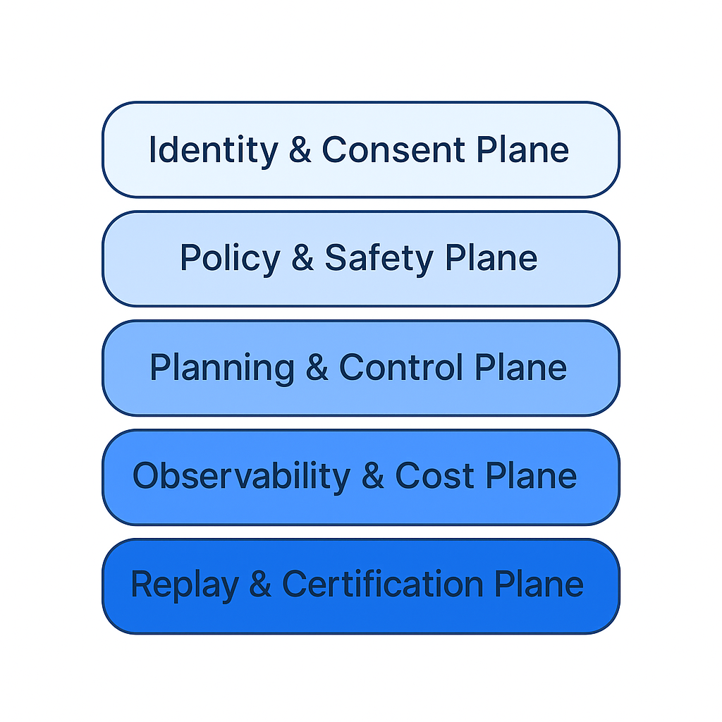 ACM governance planes stacked from identity through replay